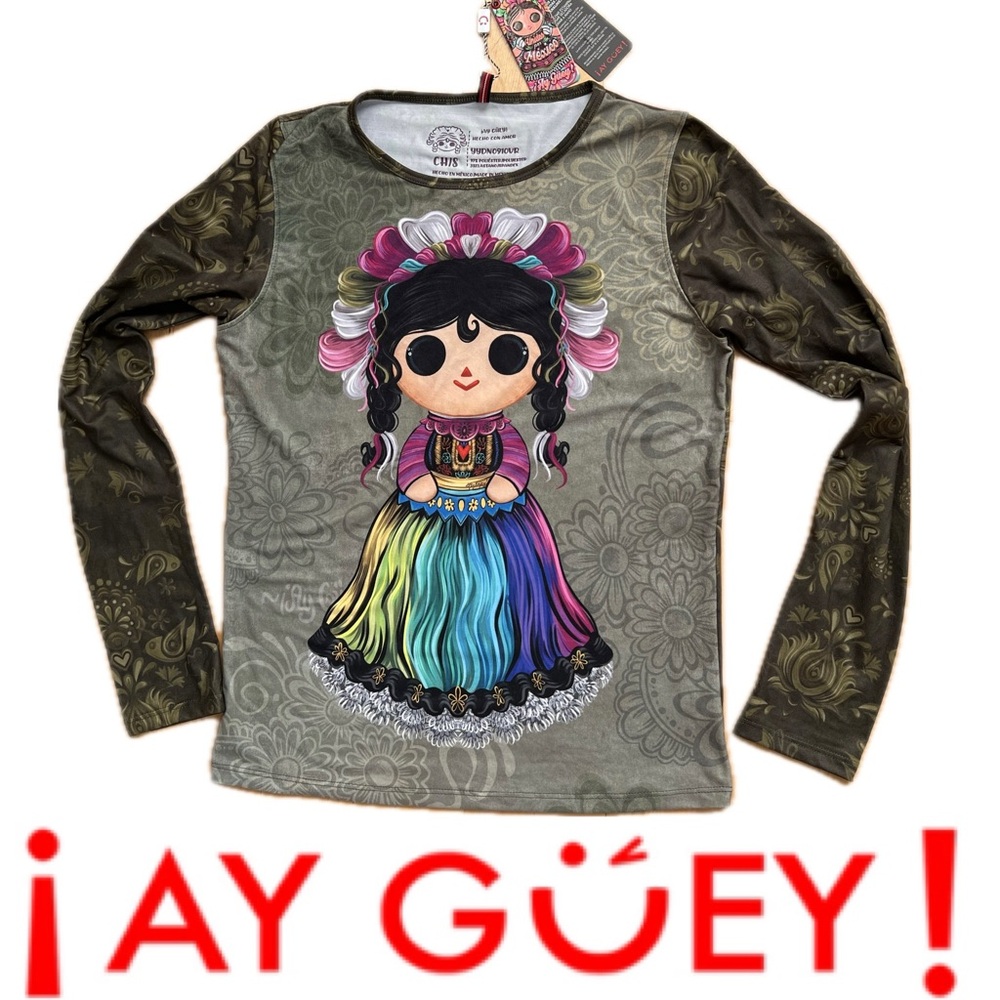 🌈Vibrant Multicolor Lelé / María Mexican Doll LS Jade Ay Guey! Shirt | Small